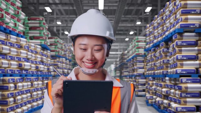 Front View of Asian Female Engineer Taking Note on Tablet While Walking at Warehouse Stacked Cement Bags Pallets