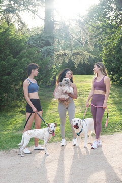 Women friends walking dogs in a park enjoying outdoor fitness and companionship