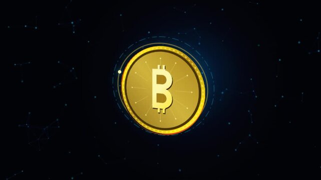 Rotating golden bitcoin coin digital currency spinning against dark background with abstract network connection lines.