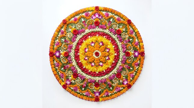 Vibrant traditional indian rangoli pattern made of colorful powders and flower petals isolated on white background