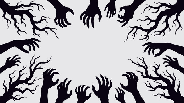 Reaching zombie hands and creepy bare branches frame Halloween horror border copy space   