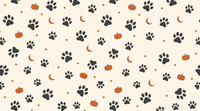 Seamless Halloween pattern with pet paw prints pumpkins and crescent moons on cream background