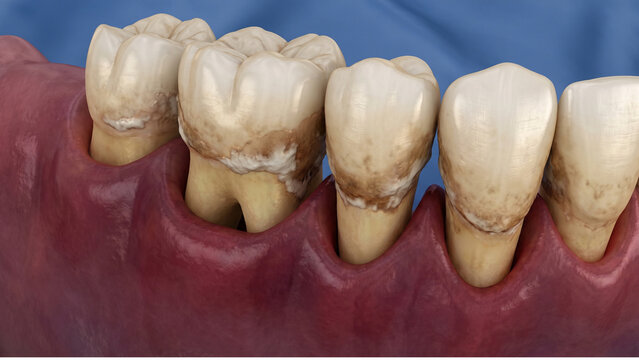 Teeth model demonstrates advanced periodontal disease with heavy tartar buildup and receding gums.