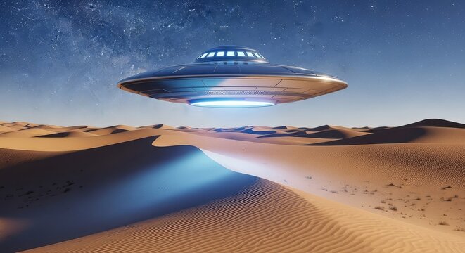 A metallic flying saucer hovers silently above vast sand dunes under a starry night sky, emitting a soft blue glow over the arid terrain, propulsion, night, paranormal