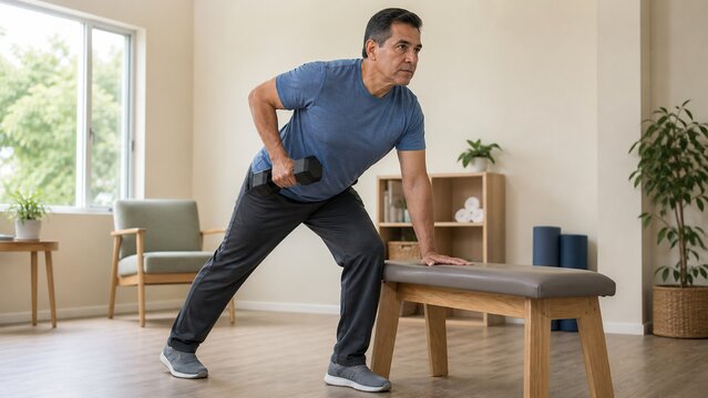 Mature man exercising with dumbbell at home. He performs a bent-over row using a bench for support. This image promotes health, fitness, and active aging.