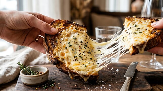Close up of hands pulling apart a delicious piece of toasted sourdough bread with melted cheese