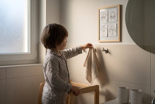 Child Hanging Clothes During Independent Self Care Routine
