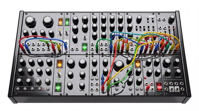 Modular synthesizer with colorful patch cables on white background