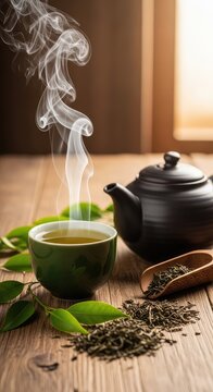 A steaming cup of green tea rests on a rustic wooden table, surrounded by loose leaves and a teapot, creating a warm, cozy afternoon vibe, herbal, hot, background