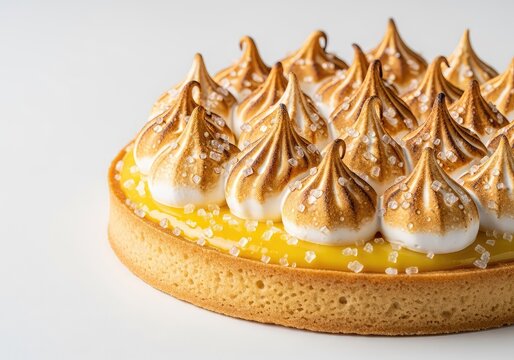 A vibrant lemon tart features a glossy citrus curd, topped with toasted meringue swirls and crystalline sugar for a bold, flashy texture, icing, pastry, cream