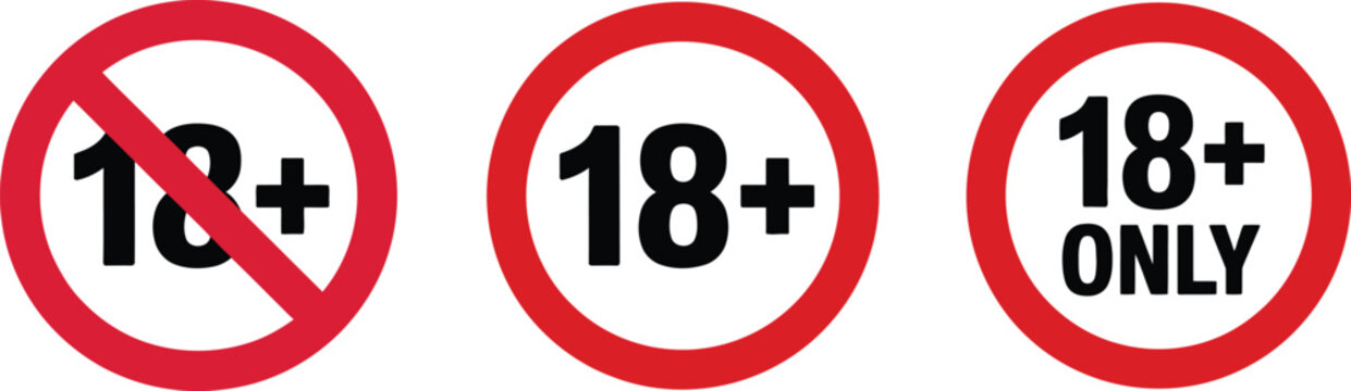 Age restriction icons representing 18 plus content warnings, adult access, restricted media, mature audiences, legal age limits, and safety notices.