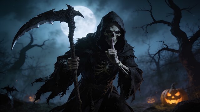Grim Reaper Holding Scythe Making Silence Gesture on Spooky Halloween Full Moon Night