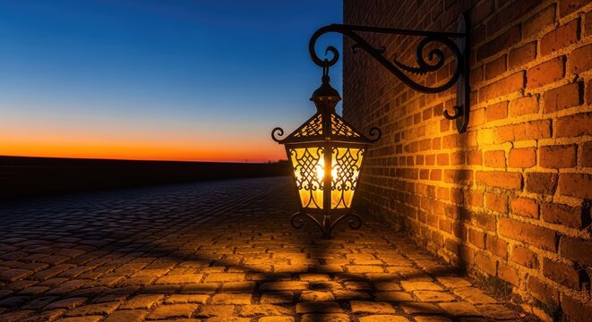 An antique wrought iron lantern hangs over a cobblestone street at twilight, casting a warm golden glow onto the weathered brick wall nearby, glass, antique, glow