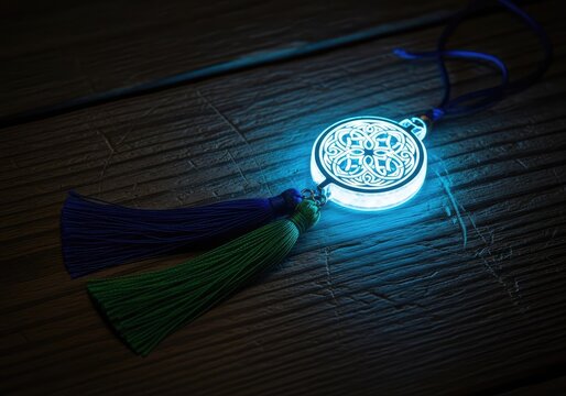 An enchanted mystical amulet featuring an intricate glowing knot and elegant silk tassels resting on a weathered dark wooden surface, texture, craft, blue