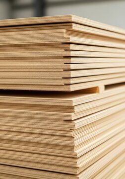 Close-up view of multiple stacked plywood sheets inside an industrial workshop, highlighting the natural wood grain and layered textures, layers, timber, texture
