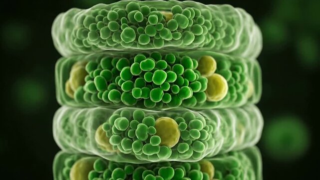 Highly detailed microscopic visualization of a leaf cell interior showcasing chloroplasts, cell wall, and vacuole structures for scientific researc...