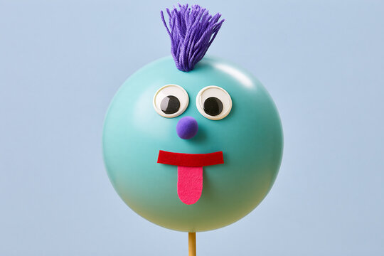 Cheeky balloon character with purple yarn mohawk sticking out its tongue