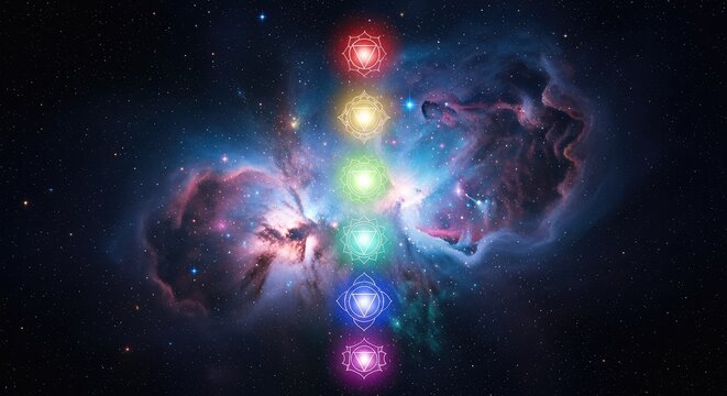 Ethereal glowing energy centers align within a vibrant cosmic nebula representing spiritual awakening, inner peace, and divine consciousness, soul, luminous, balance