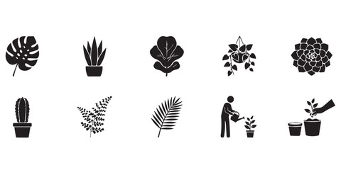 Fototapeta premium Set of black silhouette houseplant icons featuring tropical leaves succulents and gardening activities. A collection of minimalist vector icons depicting various indoor plants and gardening tasks 