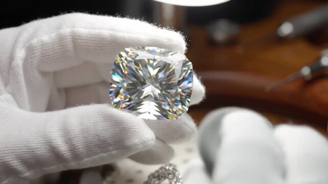 Luxury diamond jeweler hand white glove using loupe and tools for closeup gemstone inspection, polishing brilliant facets with sparkle and precision