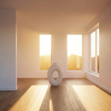 Modernes leeres Zimmer mit klaren Linien und minimalistischem Design, durchflutet vom warmen, goldenen Licht der tiefstehenden Abendsonne, modern, wood, yellow