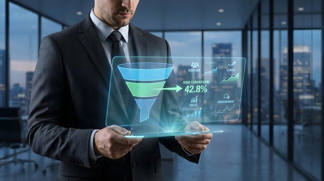 Businessman analyzing sales funnel data on a digital tablet in a modern office