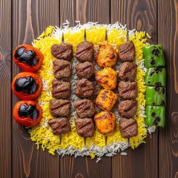 Top view of grilled meat skewers with yellow saffron rice, grilled tomatoes, and green peppers served on a dark brown rustic table surface, plate, grilled, food