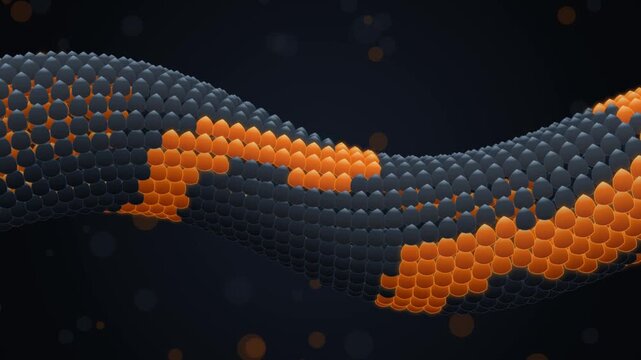 Abstract snake movement with orange and grey hexagonal scales flowing in dark space 3d motion graphics.