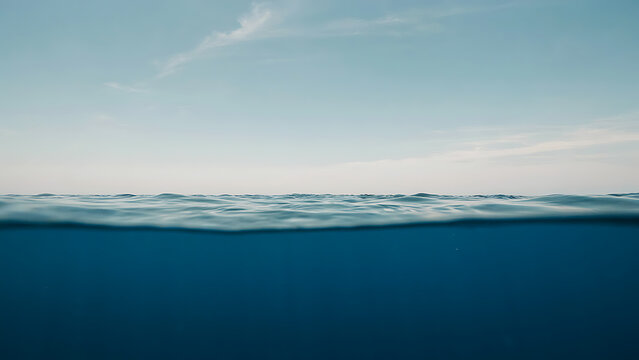 Split view of clear ocean water line and bright blue sky horizon