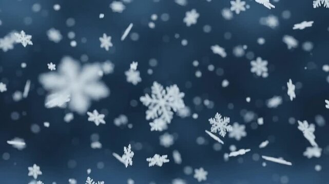 Animated white snowflakes falling and drifting on dark blue background