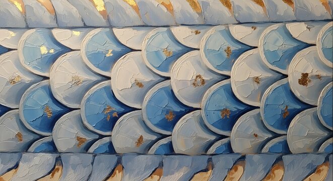Abstract pattern of overlapping blue and white scales with hints of gold, creating a textured, shimmering effect