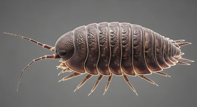 Detailed Macro Shot of a Woodlouse Isopod Crustacean with Segmented Exoskeleton on Neutral Gray Background