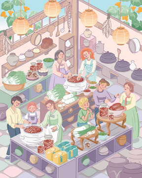 Kimjang Korean Kimchi Making Culture with Diverse People Pastel Vector Illustration