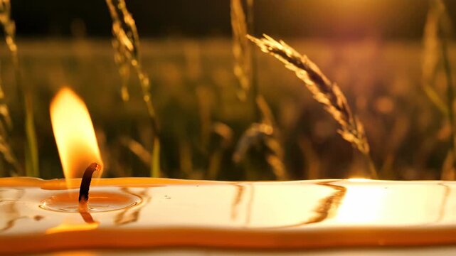 Small flame crossing a mirrorlike pool of orange wax beside backlit meadow stems at sunset, creating a rare low perspective with golden reflections for calm, remembrance, transition, and hope themes