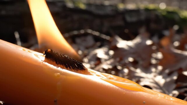 Slender flame sweeping above a collapsed black wick on a sloped orange wax surface, with bright woodland leaf bokeh behind, revealing heat softened texture in a raw outdoor study of fire and decay