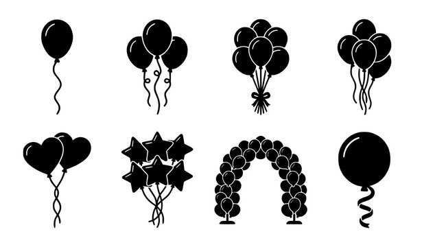 Birthday balloon silhouette icon set for party celebration and event decoration