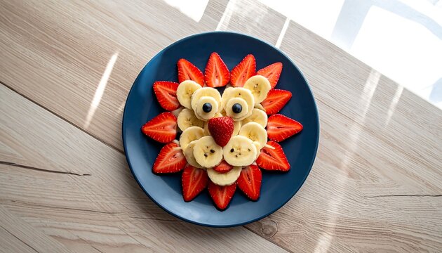 Healthy breakfast meal made from fresh fruit arranged like a lion face for kids to enjoy a nutritious snack with strawberry and banana slices on a dark blue plate placed on a wooden kitchen