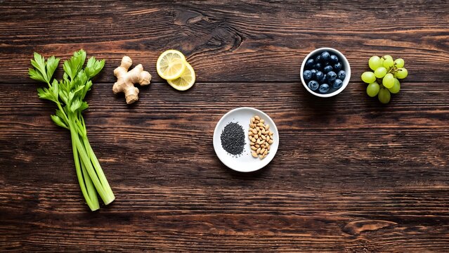 Healthy Fresh Food Selection with Fruits, Vegetables, Ginger, Lemon, Chia Seeds, and Almonds