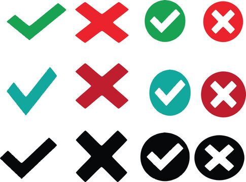 Check and cross mark vector icon set isolated on black background for approved and rejected symbols.