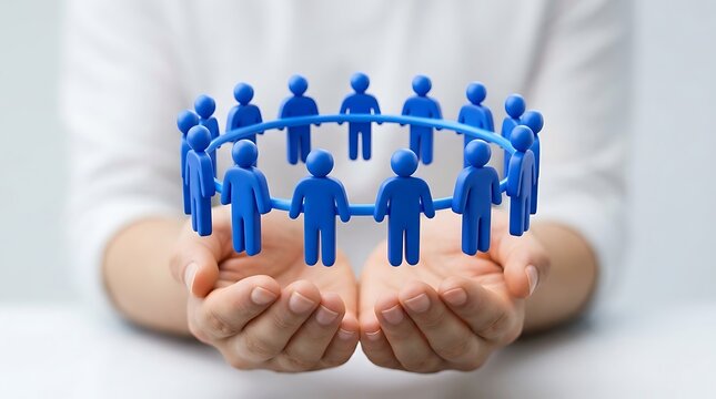 Human hands holding a circular network of blue stylized people figures representing teamwork and corporate unity