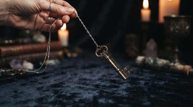 A fortune teller pendulum using a heavy brass house key swinging on a silver chain representing the unpredictable future of the real estate market.