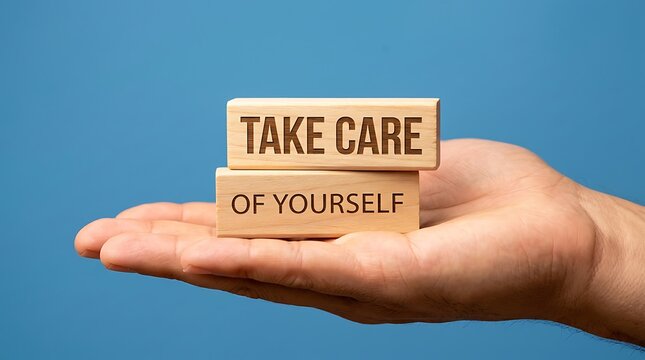 Open hand holding stacked wooden blocks reading take care of yourself message against blue background for mental health and wellness concept photo