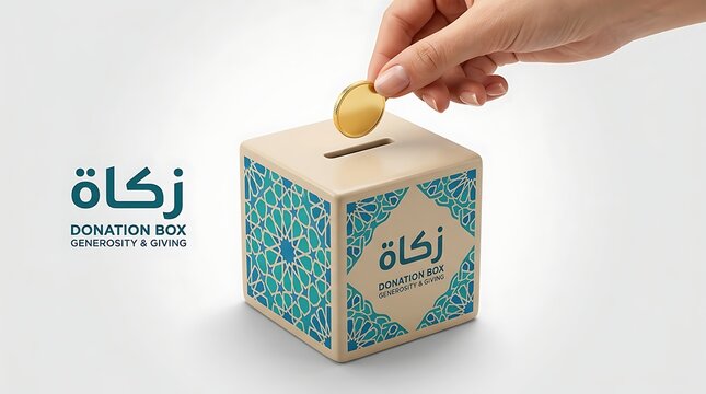 Person inserting a gold coin into a decorative charity donation box