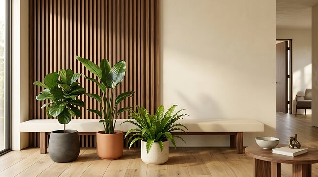 Modern indoor hallway with wooden slatted wall panel and potted plants hallway interior slat wall