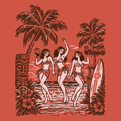 Vintage Tropical Beach Hula Pinup Girls Dancing at Sunset Engraving Illustration © purify