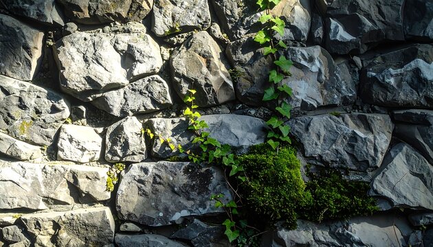 Natural green climbing ivy plants growing on a rugged weathered stone masonry surface wall constructed from hard rocks in an outdoor environment showing textures of nature and sturdy building