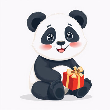 Cute cartoon panda bear holding a red gift box with golden ribbon isolated on white background