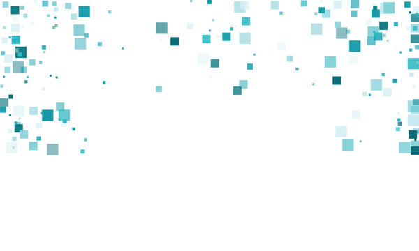 Teal blue squares falling against a clean white background with selective focus