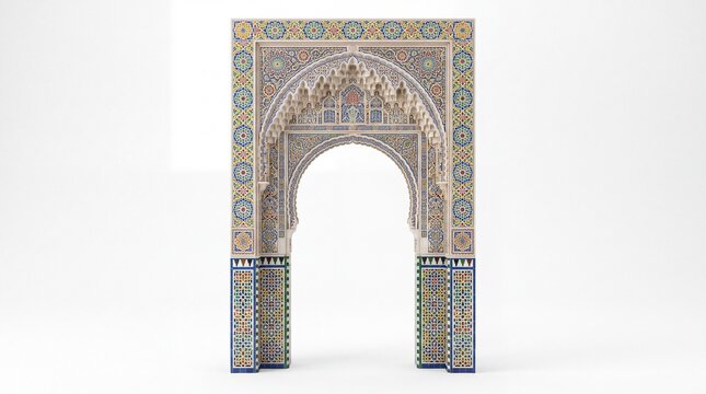 Intricate Moorish Architectural Archway Featuring Traditional Islamic Geometric Tile Patterns and Ornamental Decorative Carvings
