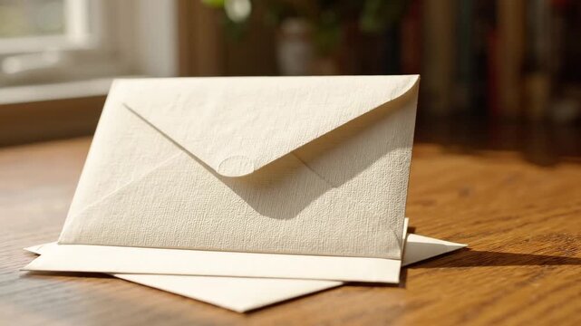 Cream Paper Envelope Standing Upright on a Wooden Desk in Warm Window Light